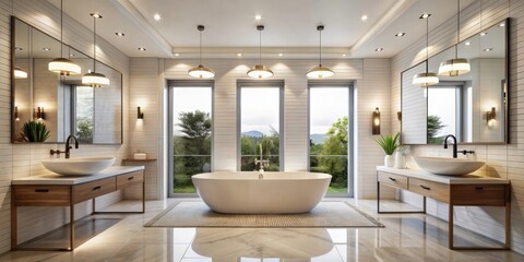 Fototapeta premium Luxurious Modern Bathroom with Freestanding Tub and Twin Basins in Minimalist Design