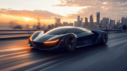 Black Sports Car Driving Through City at Sunset.