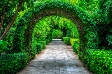Fototapeta premium A green archway with bushes and trees surrounding it. The archway is in a garden and is surrounded by a path