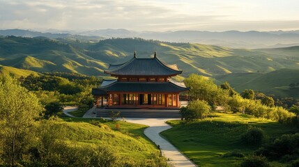 Fototapeta premium The tranquil setting of the Sikhio Buddha Footprint Temple, surrounded by rolling hills.
