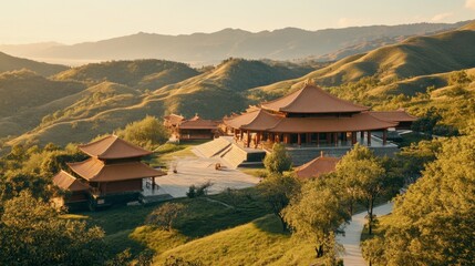 Fototapeta premium The tranquil setting of the Sikhio Buddha Footprint Temple, surrounded by rolling hills.