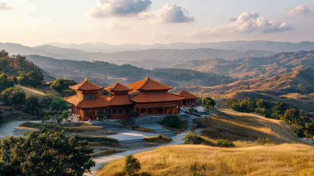 The tranquil setting of the Sikhio Buddha Footprint Temple, surrounded by rolling hills