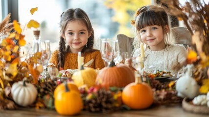 Fototapeta premium Two Little Girls Smiling at a Festive Thanksgiving Table