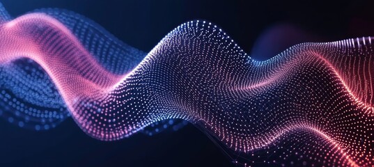 Abstract Flowing Wave of Blue and Pink Particles, Digital Data Visualization With Dots and Lines