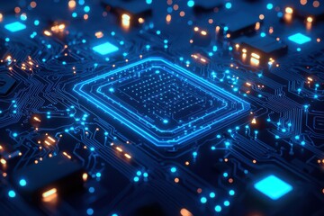 Glowing blue circuit board pattern with intricate digital connections and futuristic technology theme