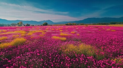 Fototapeta premium The vibrant flower fields at Flora Park Wang Nam Khiao in full bloom, with bright hues of pink and yellow.