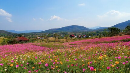 Obraz premium The vibrant flower fields at Flora Park Wang Nam Khiao in full bloom, with bright hues of pink and yellow.