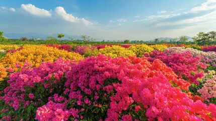 Fototapeta premium The vibrant flower fields at Flora Park Wang Nam Khiao in full bloom, with bright hues of pink and yellow.