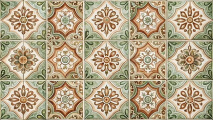 Obraz premium Ornate Tile Pattern with Intricate Floral Designs in Green, Brown, and Beige Tones