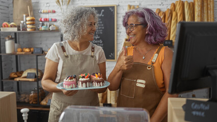 Mature women bakers smiling and holding a plate of cakes while working together in a cozy bakery interior.