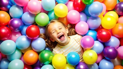 Joyful Young Child with Curly Hair Laughing Among Colorful Balloons