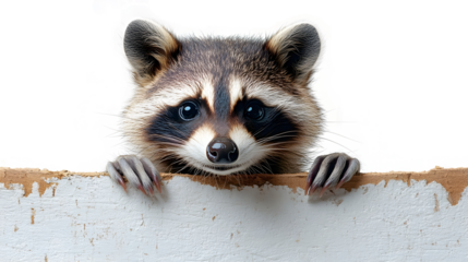 Closeup of a cute and curious raccoon peeking out from behind a weathered wooden fence,surrounded by a lush forest environment.