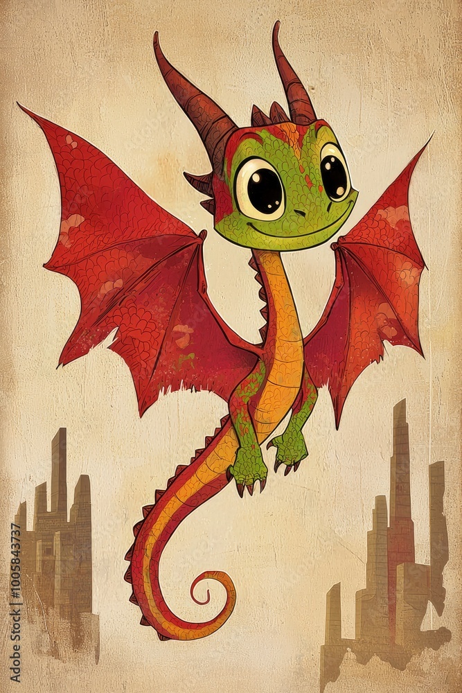 Sticker Adorable Cartoon Dragon with Big Eyes and Red Wings