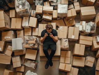 Man taking a photo of his Black Friday haul, surrounded by open boxes and packaging materials