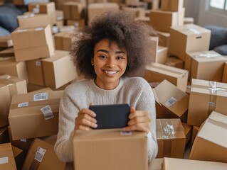 Woman taking a photo of his Black Friday haul, surrounded by open boxes and packaging materials