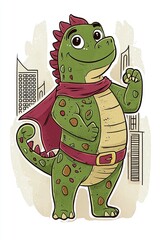 Obraz premium Cute Green Dragon Superhero Illustration