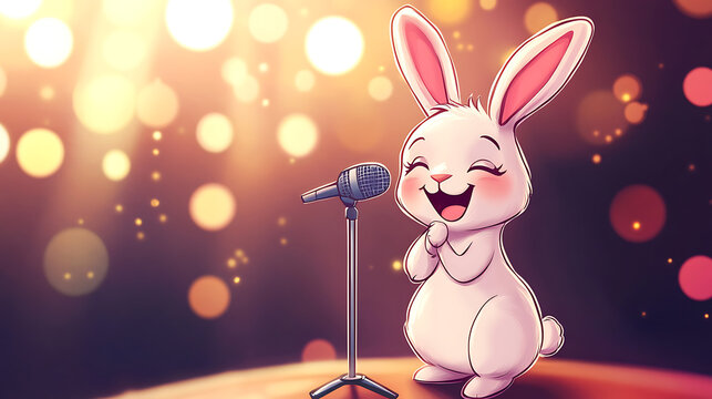 Cartoon Cute bunny singing into microphone with stage background