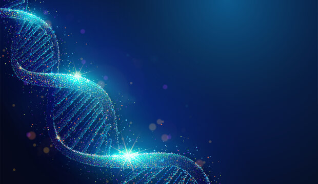 Abstract illustration of human dna helix made of glowing neon particles. Blue geometric background depicting human genome health care and genetic biotechnology medical concept