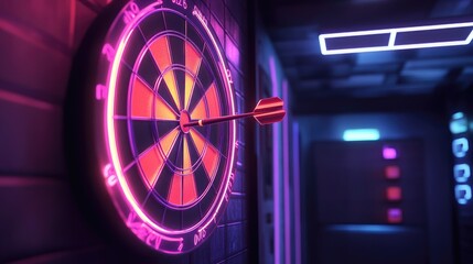 Neon dartboard glowing in a dark, high-tech room, with a dart hitting the bullseye, symbolizing perfect precision and success.