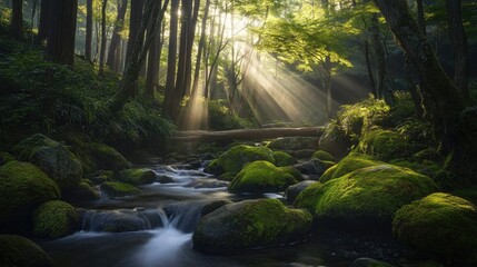 Soft sunlight filtering through the trees of Mt. MitakeAEs Rock Garden, illuminating moss-covered rocks and a flowing stream in a serene natural setting.