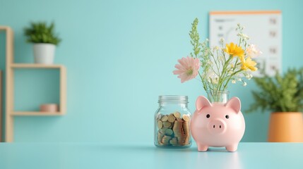 Pink piggy bank and loyalty program represented with a coin-filled jar and growth chart in the background on a clean blue backdrop.