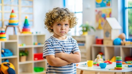 Fototapeta premium Young Boy Standing Defiantly with Arms Crossed in Vibrant Playroom, Expressing Frustration Amidst Toys and Bright Furniture