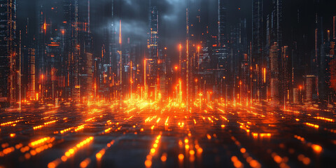 Fototapeta premium Composition of figures that falls on the chart of technical analysis, black background, orange colors neon light