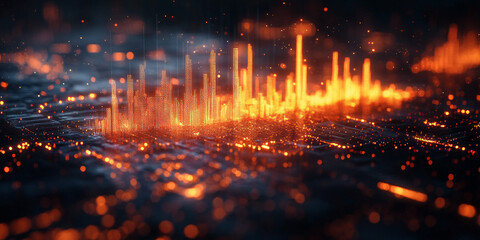 Fototapeta premium Composition of figures that falls on the chart of technical analysis, black background, orange colors neon light