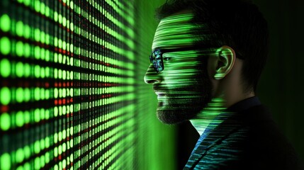 A profile view of a man in glasses, gazing intently at a green digital display filled with data streams and patterns.