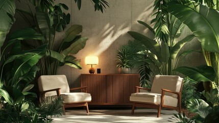 Stylish mockup studio with 3D-rendered plants. Mid-century modern furniture, with tropical plants providing a natural yet sleek background