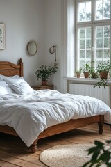 Cozy Scandinavian Bedroom with Wooden Bed and Indoor Plants in Natural Light
