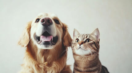 A dog and a cat are standing together, both looking up at something. They are in front of a clear background.