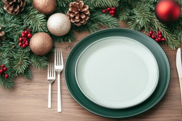Elegant table setting with candles and greenery, ready for a festive holiday dinner, with white and gold accents.