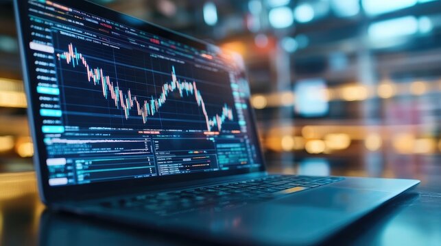A close-up view of a laptop screen displaying financial data and stock market trends in a modern workspace environment.