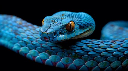 Fototapeta premium Detailed Close-Up of a Blue Pit Viper Snake Showcasing Its Vibrant Colors and Textures
