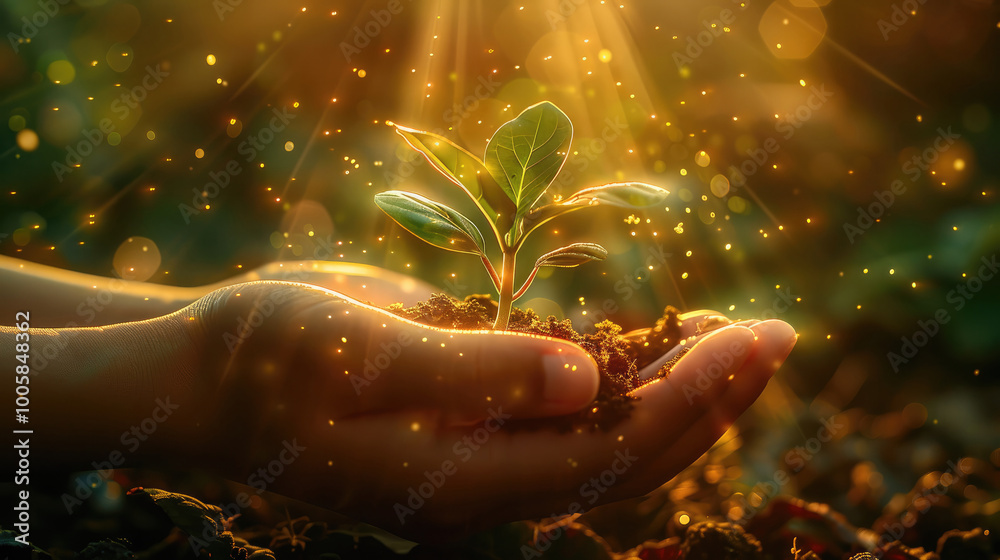 Poster two hands gently holding and nurturing a small plant, with light rays shining from it. the backgroun