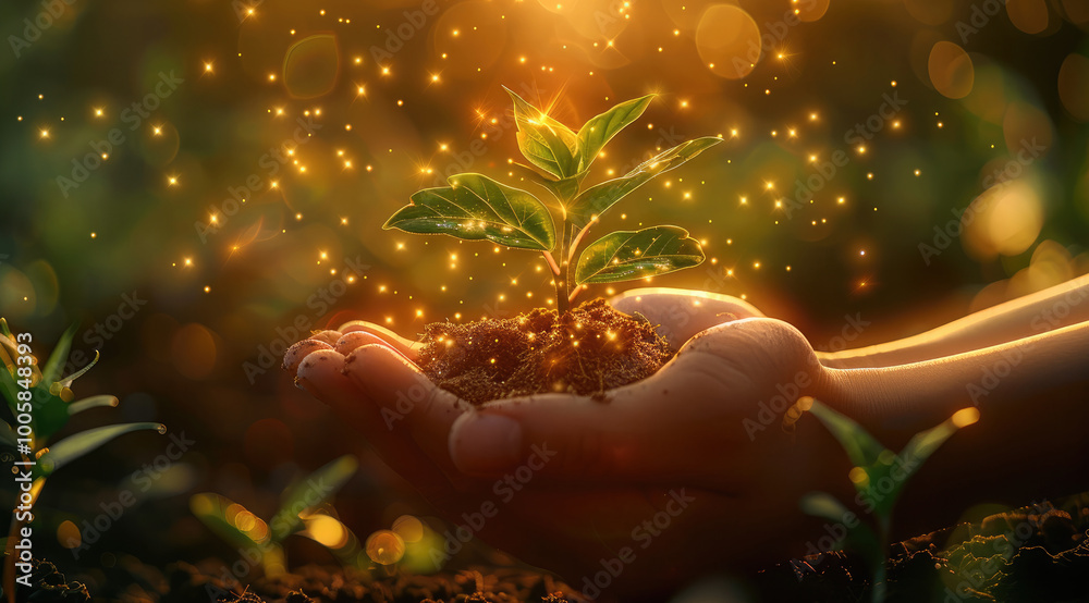 Poster two hands gently holding and nurturing a small plant, with light rays shining from it. the backgroun
