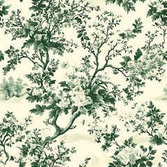 Lush Green Toile de Jouy Seamless Pattern Design