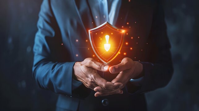 Businessman Holding Shield to Protect Virtual Icon Representing Internet Security and Cyber Protection Concepts
