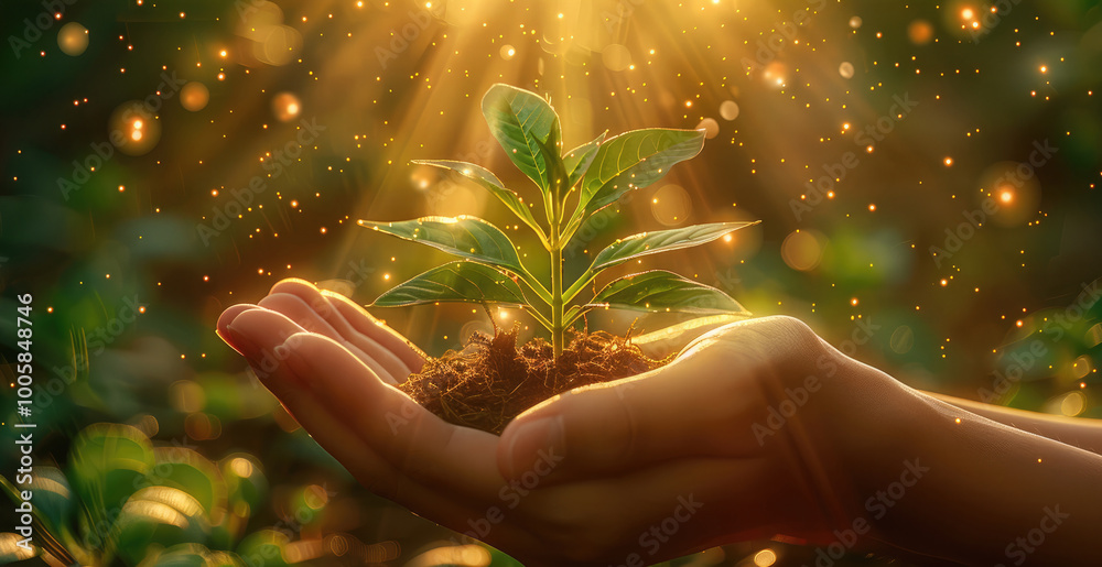 Poster two hands gently holding and nurturing a small plant, with light rays shining from it. the backgroun