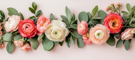 Fototapeta premium Colorful Ranunculus, Eucalyptus Floral Border Design, Light Background, Romantic Theme