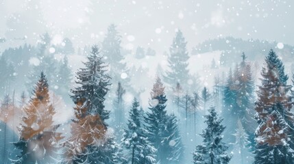 Fototapeta premium A snowy forest with trees covered in snow