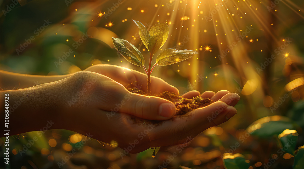 Poster two hands gently holding and nurturing a small plant, with light rays shining from it. the backgroun