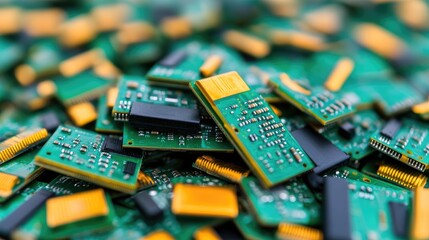 A close-up view of electronic circuit boards showcasing intricate designs and small components, ideal for technology themes.