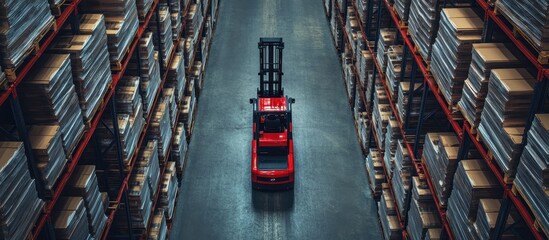 Obraz premium Aerial View of Red Forklift in Modern Warehouse with High Shelves and Stacked Goods