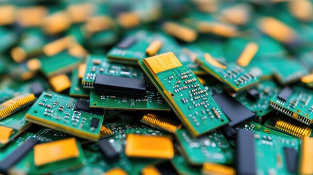 A close-up view of electronic circuit boards showcasing intricate designs and small components, ideal for technology themes.