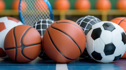 A collection of different sports balls including basketballs and soccer balls, perfect for promoting athletic activities.