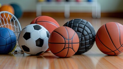 A collection of various sports balls including basketball, soccer, and volleyball on a gym floor, showcasing athletic equipment.