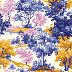 Vibrant Toile de Jouy Seamless Pattern Design