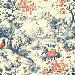 Vintage Toile de Jouy Seamless Floral Pattern Design